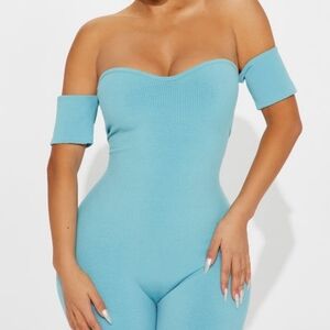 Off-Shoulder Blue Ribbed Jumpsuit